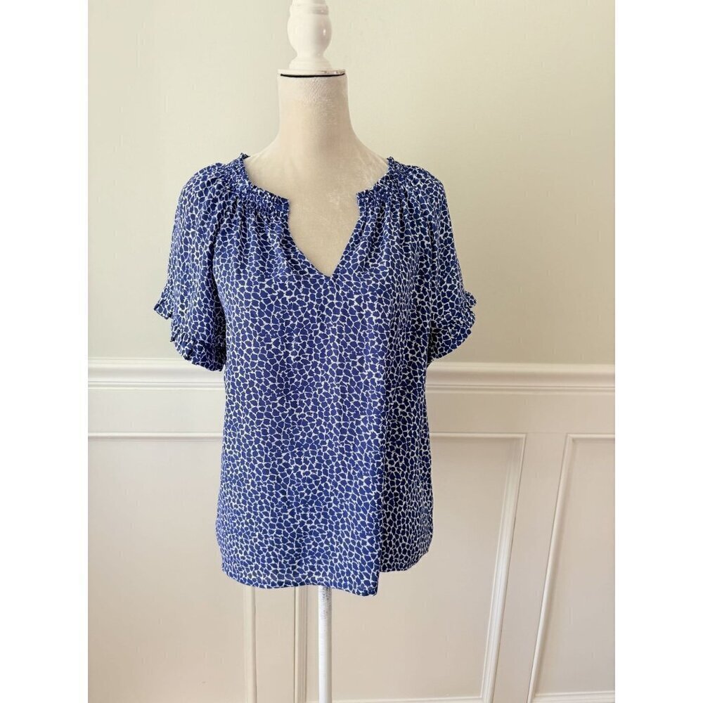Blue & White Print Split Neck Short Sleeve Popover Blouse M